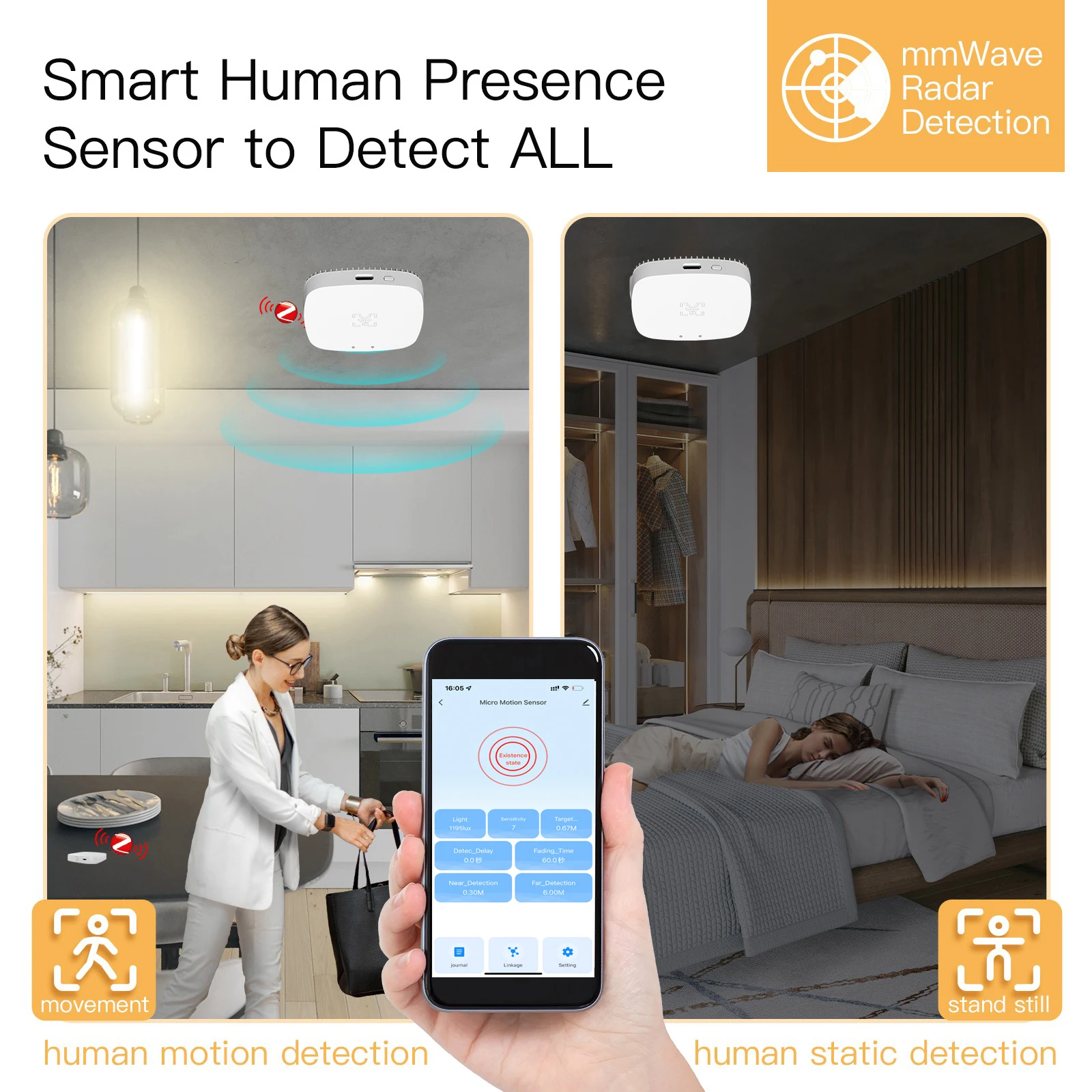 Sensor de presencia humana Tuya Zigbee, Radar de onda milimétrica de 5,8G/24G, detección PIR Wifi, Detector de distancia de luminosidad para casa