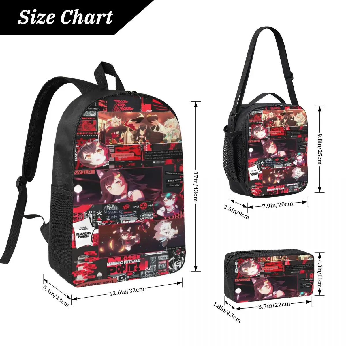 3Pcs Mio Ookami Hololive Backpack Set for Children Pencil Boxes Bookbag Sets with Lunch Box For School Students Knapsack
