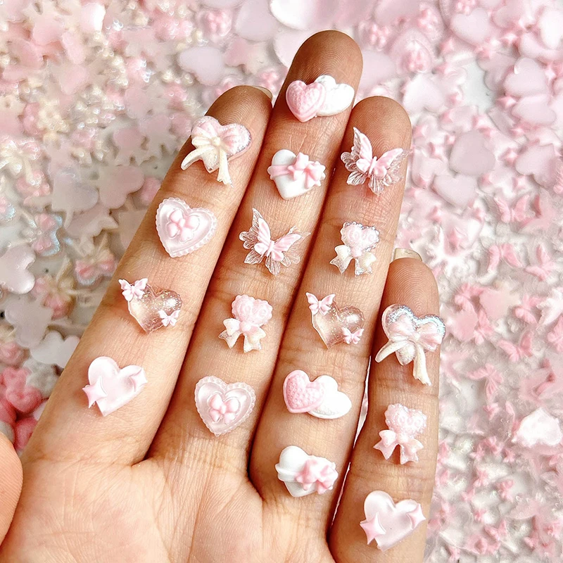 50 pièces papillon pêche coeur doux vent rose série arc coeur résine ongles breloques 3D lumineux Double Nail Art décorations bricolage ongles
