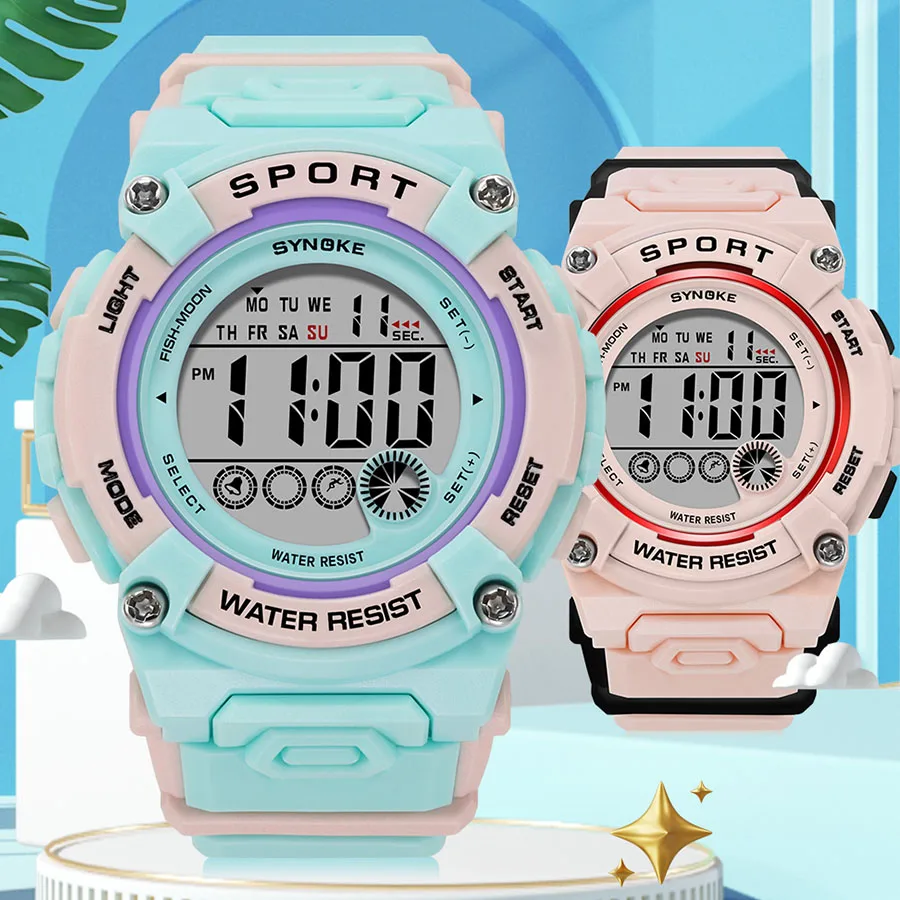 SYNOKE-reloj electrónico para estudiantes, cronógrafo deportivo resistente al agua hasta 50M, con personalidad, alarma luminosa, pantalla de semana,
