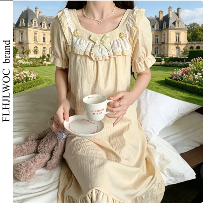 Casual Japanese Style Floral Cotton Sleepwear Dress for Women Sweet Ruffles White Lace Cute Comfortable Cotton Dresses Pajamas