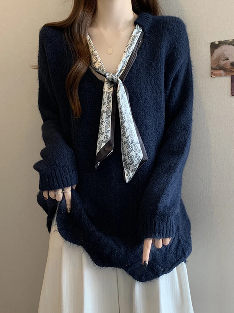 

Loose V-Ne Knitted Sweater Women's Deep Blue Medium-Length Slimming Top with Scarf Spring New Sle Ci Walk Suitable