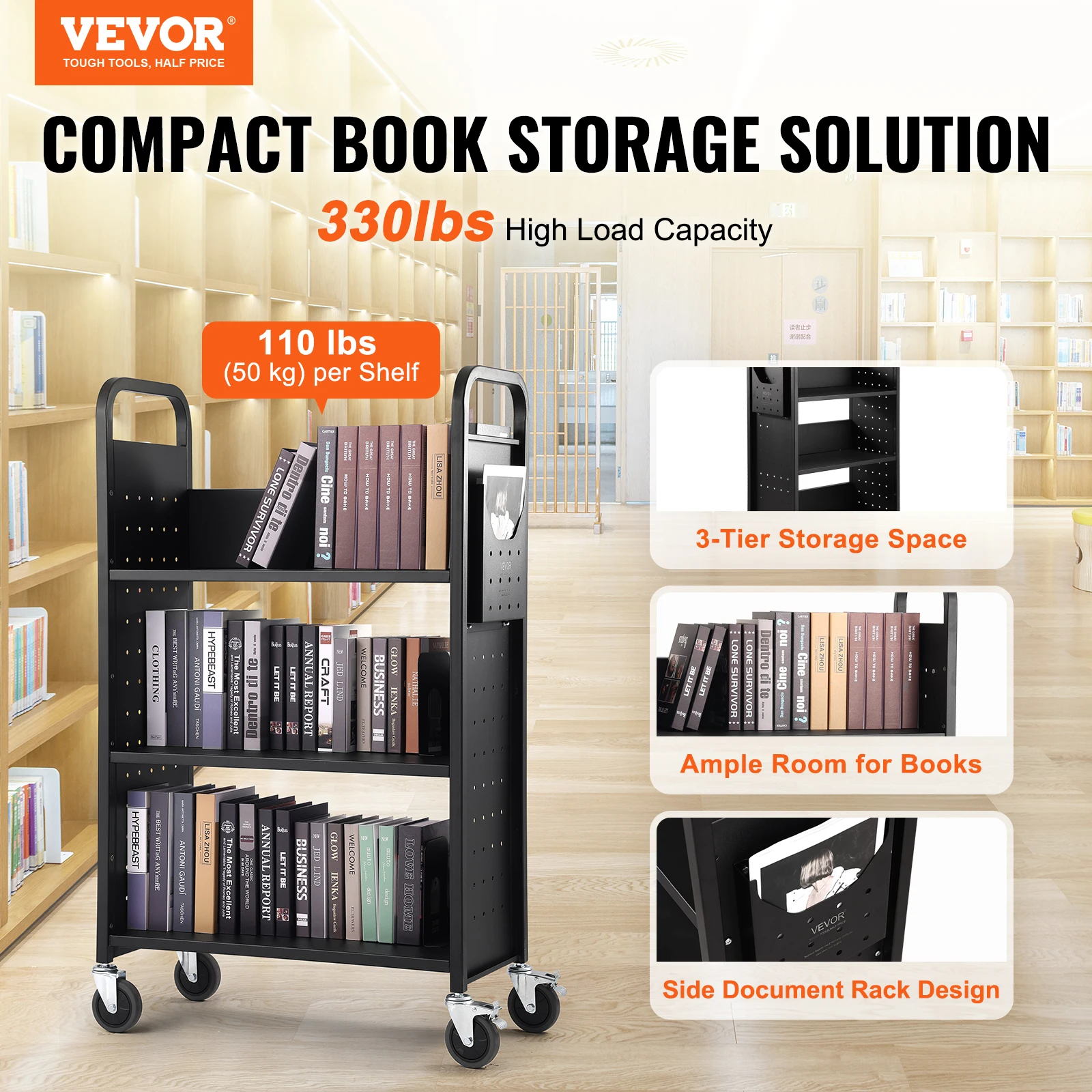 VEVOR Book Cart, 330 lbs Library Cart 31.1