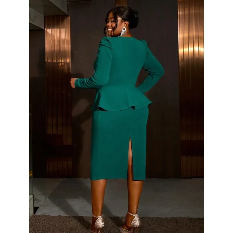 Women Modest Green Christmas Party Dress V Neck Long Sleeves Button Ruffles High Waist Bodycon Formal Evening Event Gowns