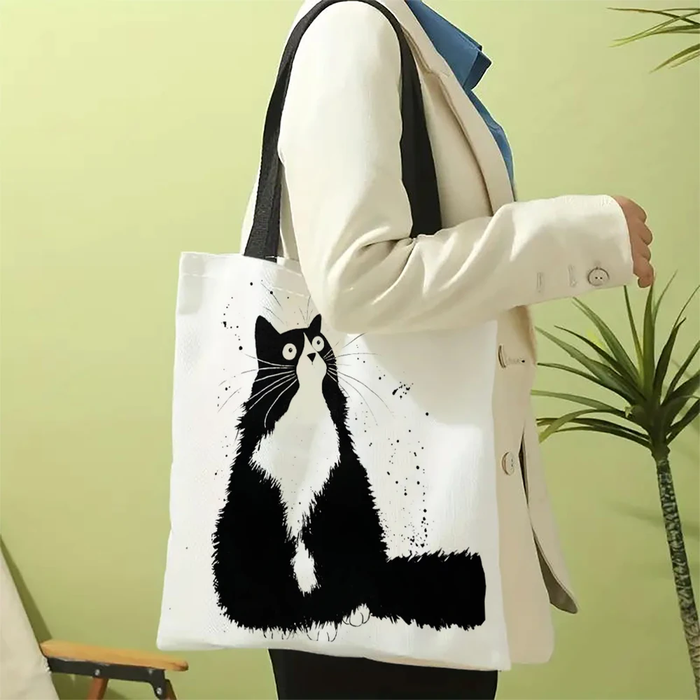 Leinen-Shopper, wiederverwendbare Tragetasche, süßer Katzendruck, Lebensmittel-Aufbewahrungstasche, tragbar, große Kapazität, Umhängetasche, maschinenwaschbare Tragetasche – Detail 1