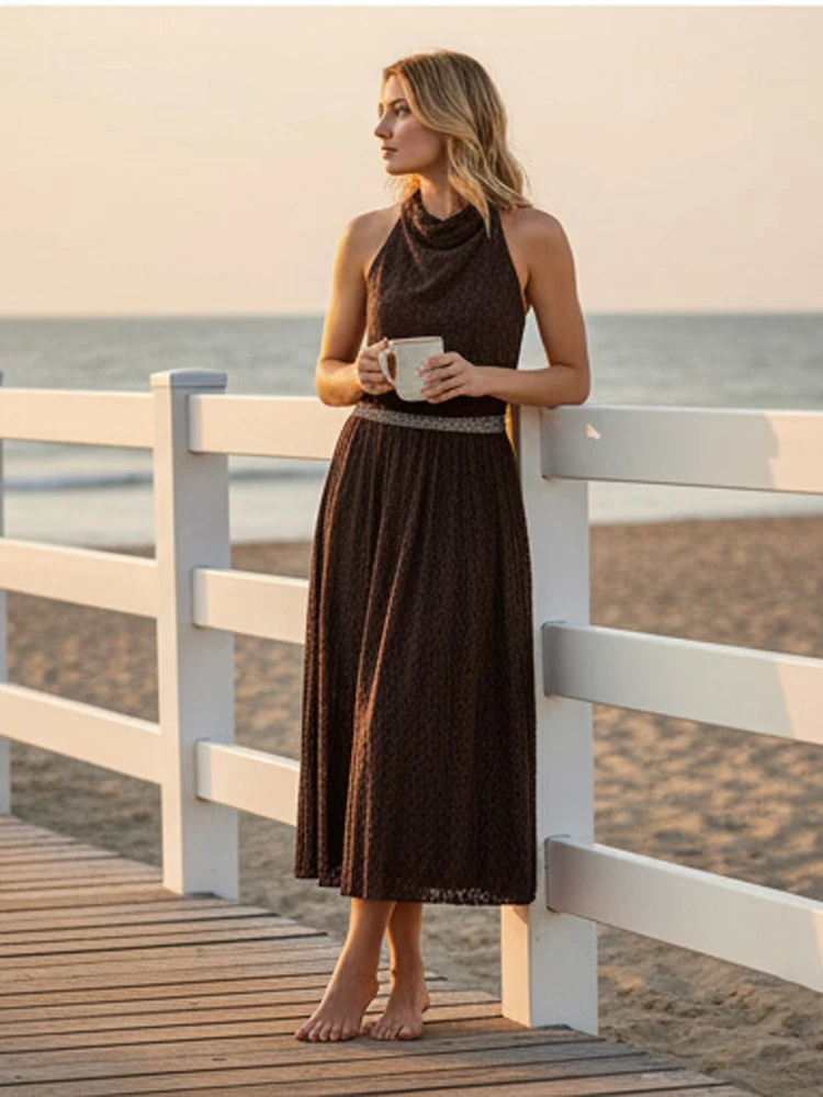 

Женское коричневое кружевное макси-платье с вырезом халтер, сексуальное, без рукавов, с открытой спиной, с завышенной талией, струящееся, для вечерних мероприятий, Vestidos 2026