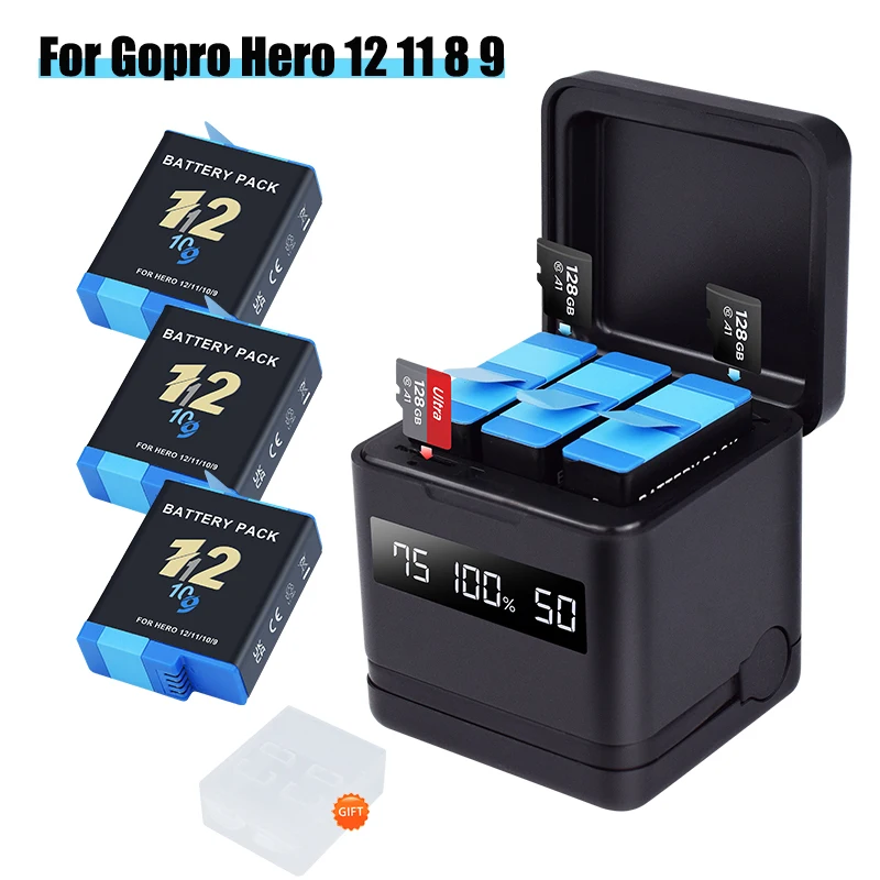 GoPro Hero Camera Battery + LCD 3-Slots Storage Box Charger for GoPro Hero 12 11 10 9 Action Sport Camera Batteries Accessories