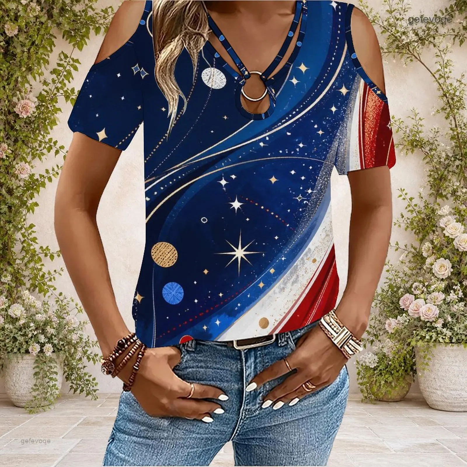 Women Cold Shoulder Short Sleeve T Shirt V Neck O Ring Keyhole Cutout Loose Casual Top Custom Print Ladies Daily Blouse