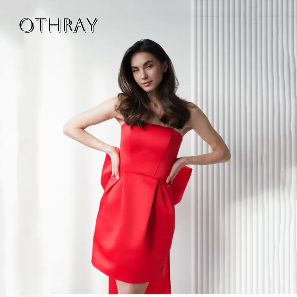 

Mini Satin Sheath Cocktail Dresses with Detachable Bow Ruffled Strapless Short Party Dresses Customized Vestidos de fiesta