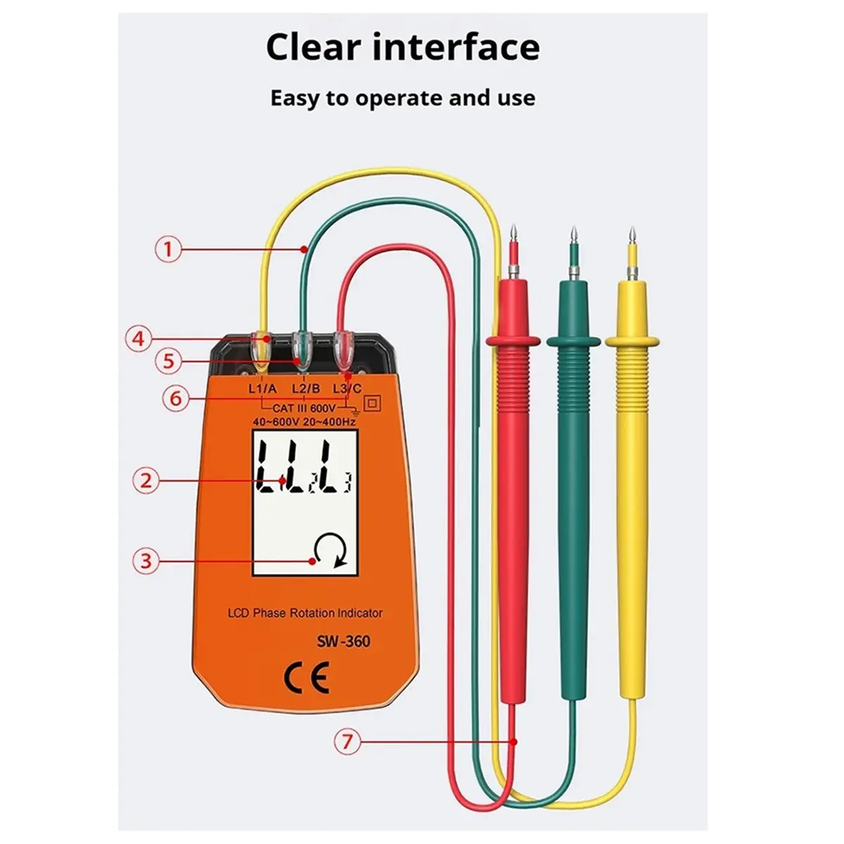 SW360 Phase Sequence Tester, 3-Phase AC Rotation Meter, Voltage/Current Detector, Phase Rotation Indicator for Electri
