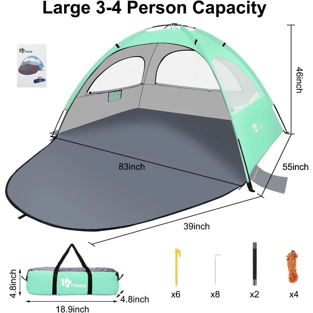 مأوى شاطئ عائلي محمول، خيمة شمسية محمية من الأشعة فوق البنفسجية تتسع لـ 3-4 أشخاص، خفيفة الوزن مع 3 نوافذ شبكية جيدة التهوية، قوية 8.0 مم