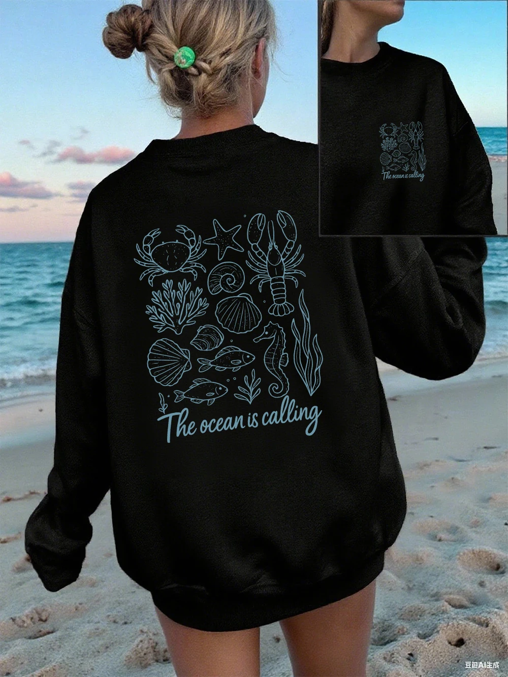 المحيط يدعو يطبع البلوز المرأة Crewneck أساسيات هوديي فضفاض الصوف الدافئة البلوز الشتاء ملابس امرأة مريحة #2