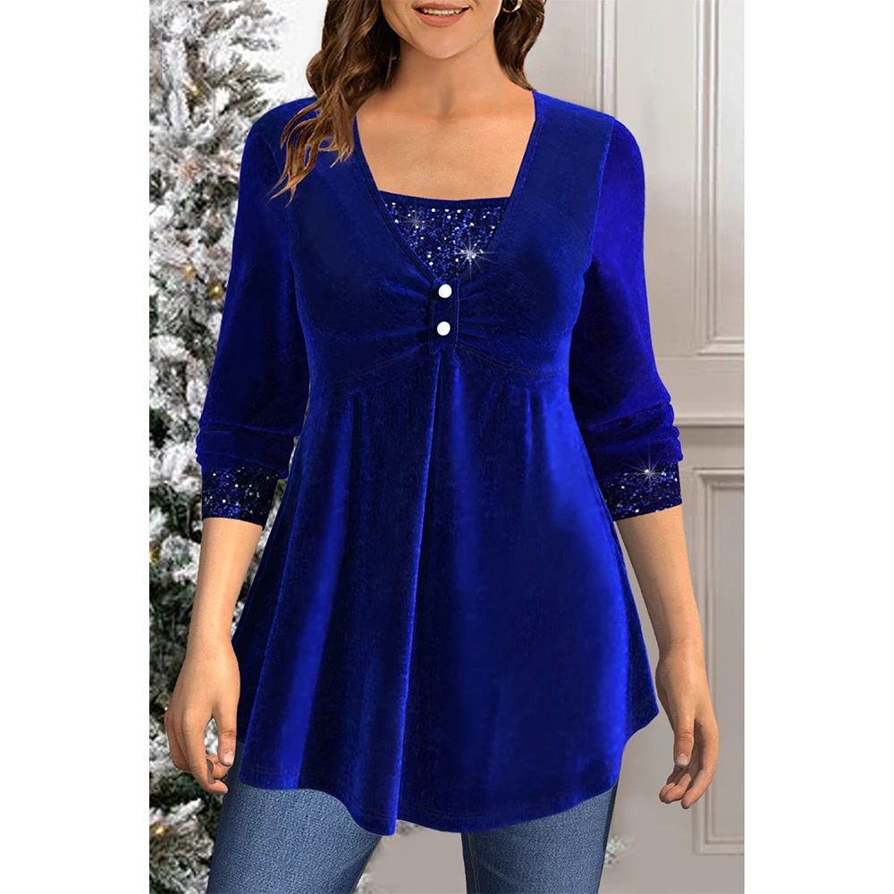 Flycurvy-Túnica Ruched Azul Real, Vestido Plus Size, Botão Lantejoula Brilhante, Tops Decote V, Blusa Meia Manga, Natal, 2 em 1