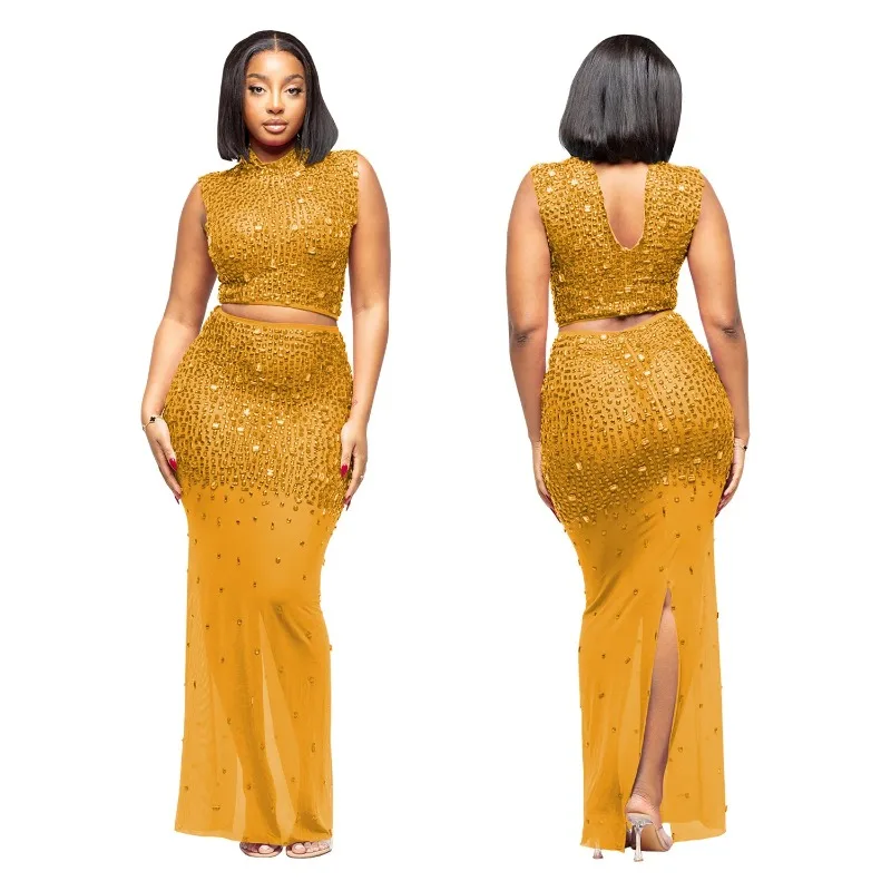 

Афро-одежда из 2 предметов для женщин, летняя мода, африканский топ без рукавов из полиэстера, юбка, одинаковые комплекты, Дашики, африканская одежда