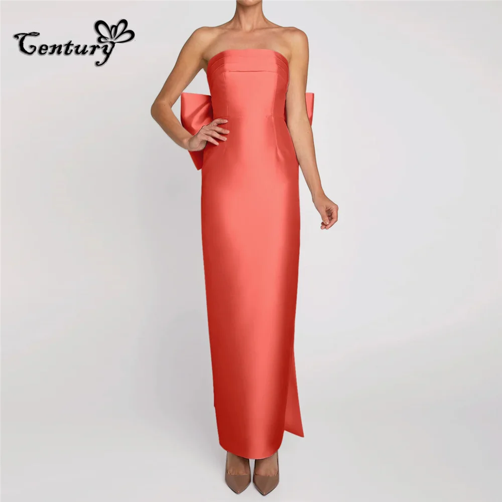 

Coral Prom Dress Long 2024 Big Bow Backless Strapless Simple Satin Pageant Evening Gowns Robe De Soiree Vestido Largo Customized