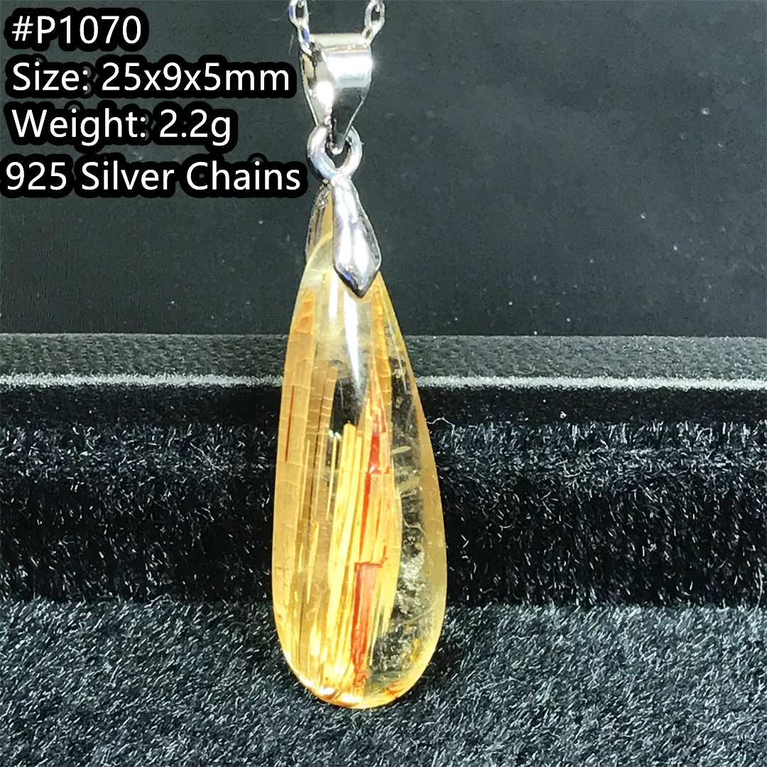 Natural Gold Rutilated Quartz 925 Silver Chain Pendant For Women Men Reiki Luck Gift Crystal Beads Royal Gemstone Jewelry AAAAA