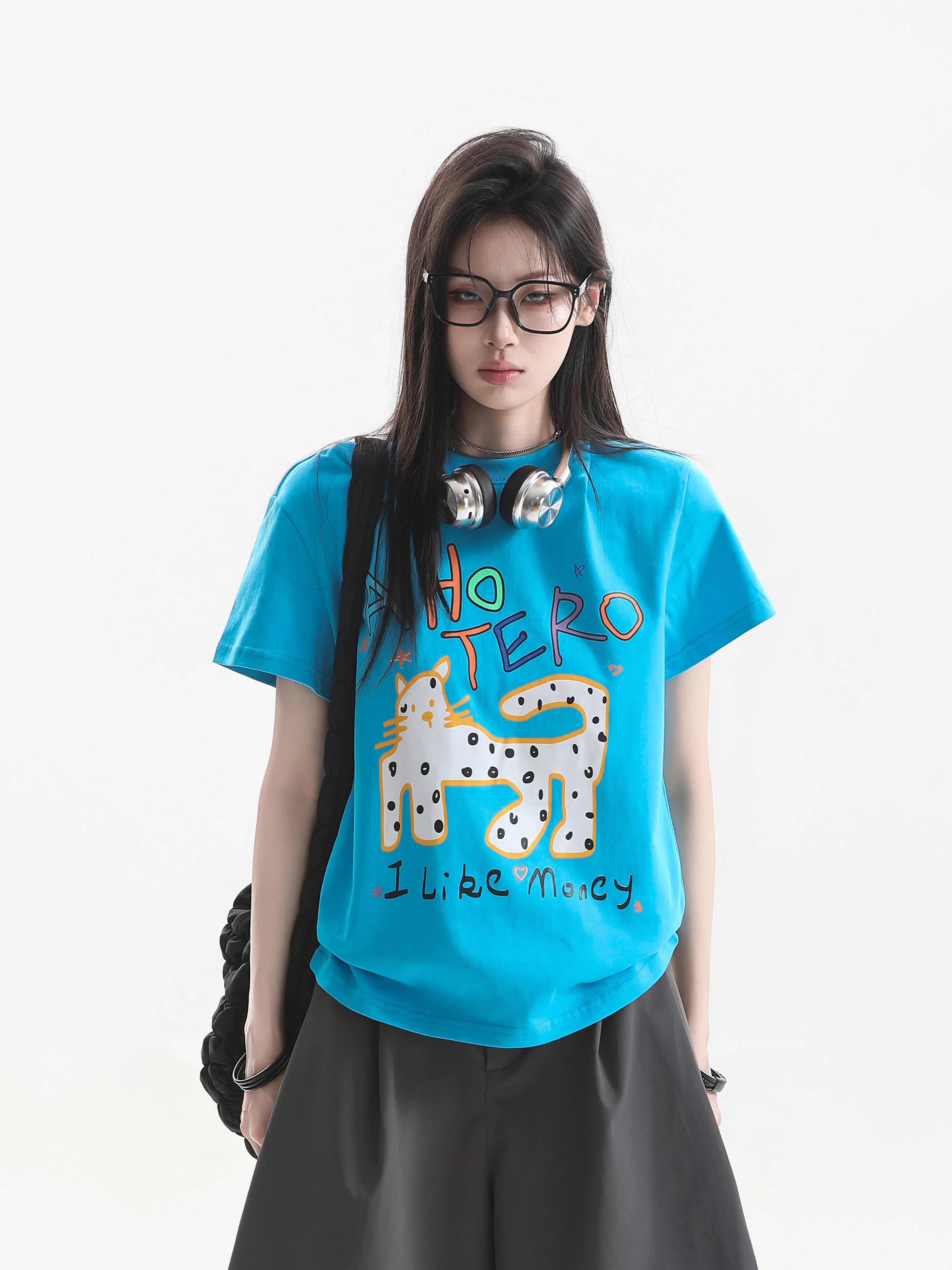 

American Style Short Sleeve T-Shirt Women's Summer Anti-Aging Print Casual Loose Fit Cotton round Neck Top for Youth