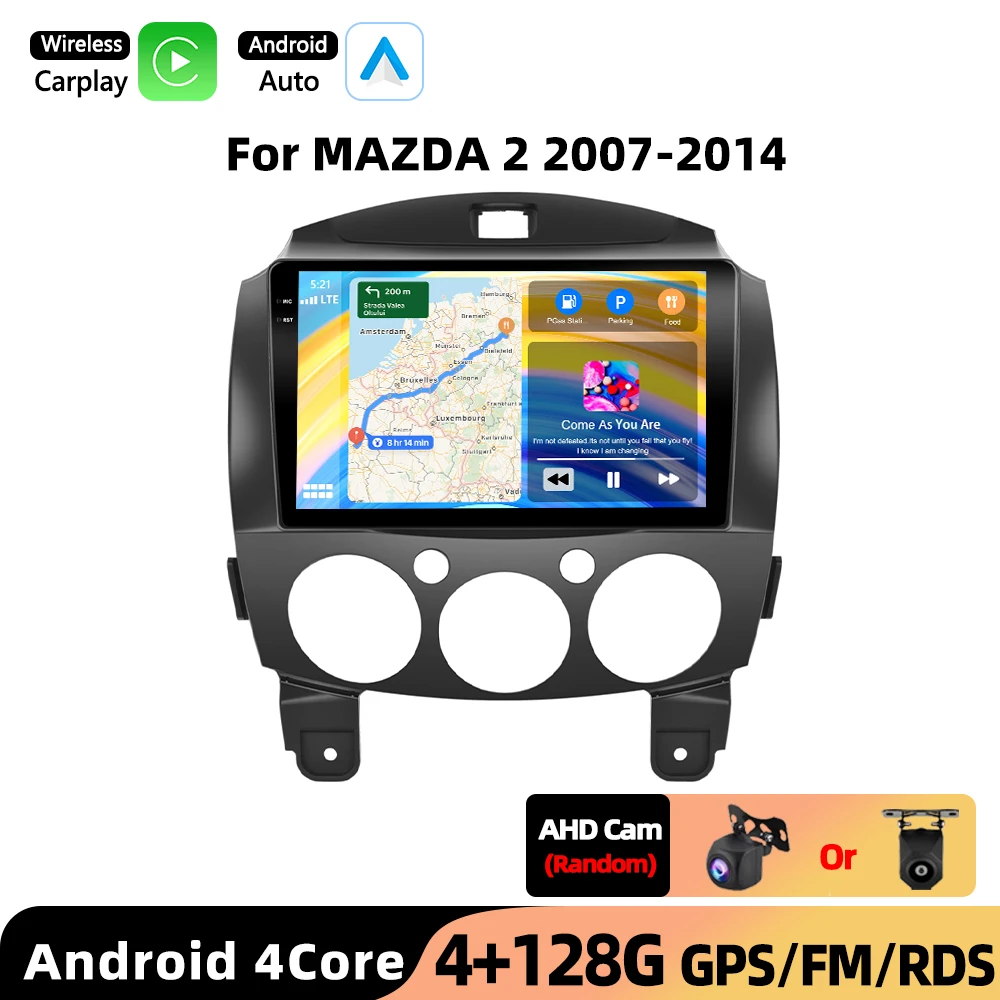 Podofo Auto Radio voor MAZDA 2 2007-2014 Draadloze CarPlay Android Auto Multimedia Stereo WIFI GPS 2din Radio FM/RDS BT