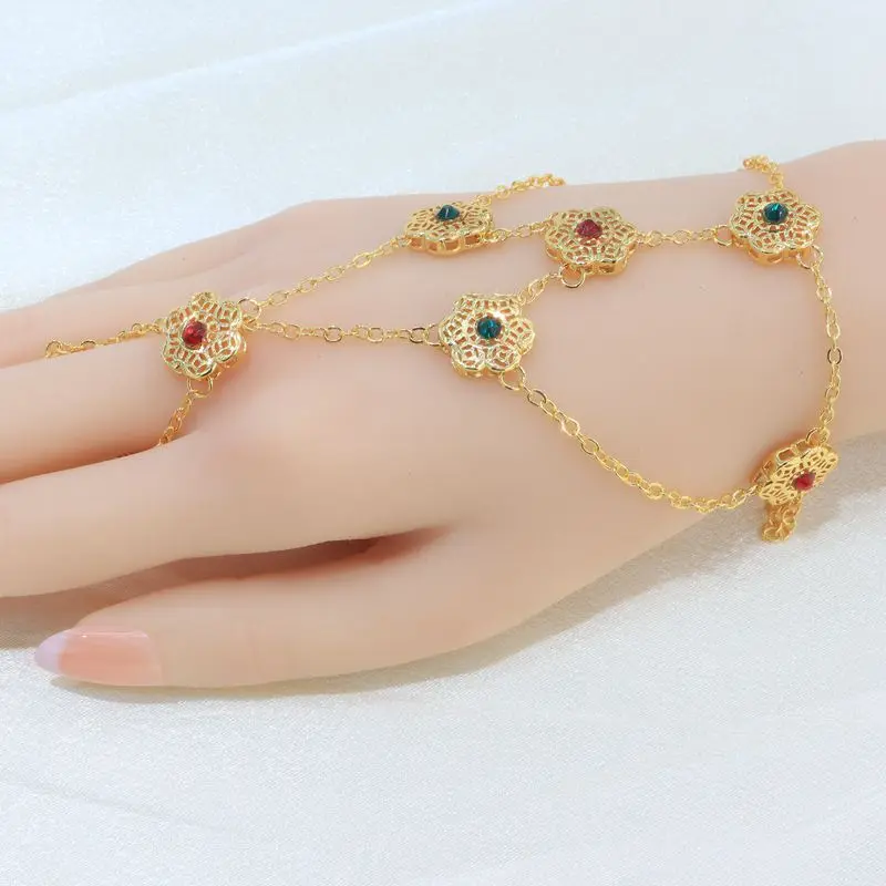 High quality colorful floral pattern hand back chain girl gift bracelet Ring jewelry