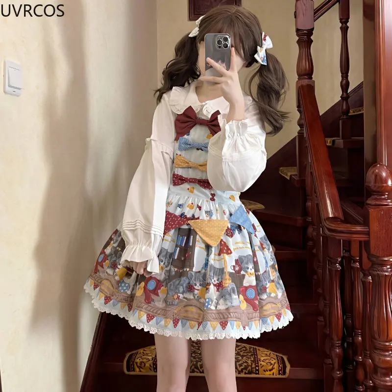 Giappone Kawaii Lolita Style Jsk Dress Women Sweet Cat Print Bow a vita alta senza maniche Strap Dresses Girls Cute Cosplay Costumes