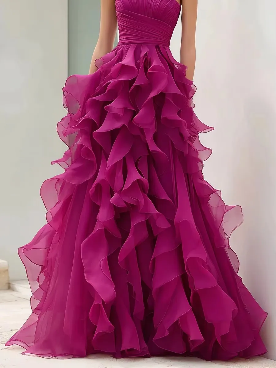 Customized Sweet Strapless Sleeveless Evening Dress Tiered Chiffon A-line Floor Length Prom Gown Simple Graduation Dress