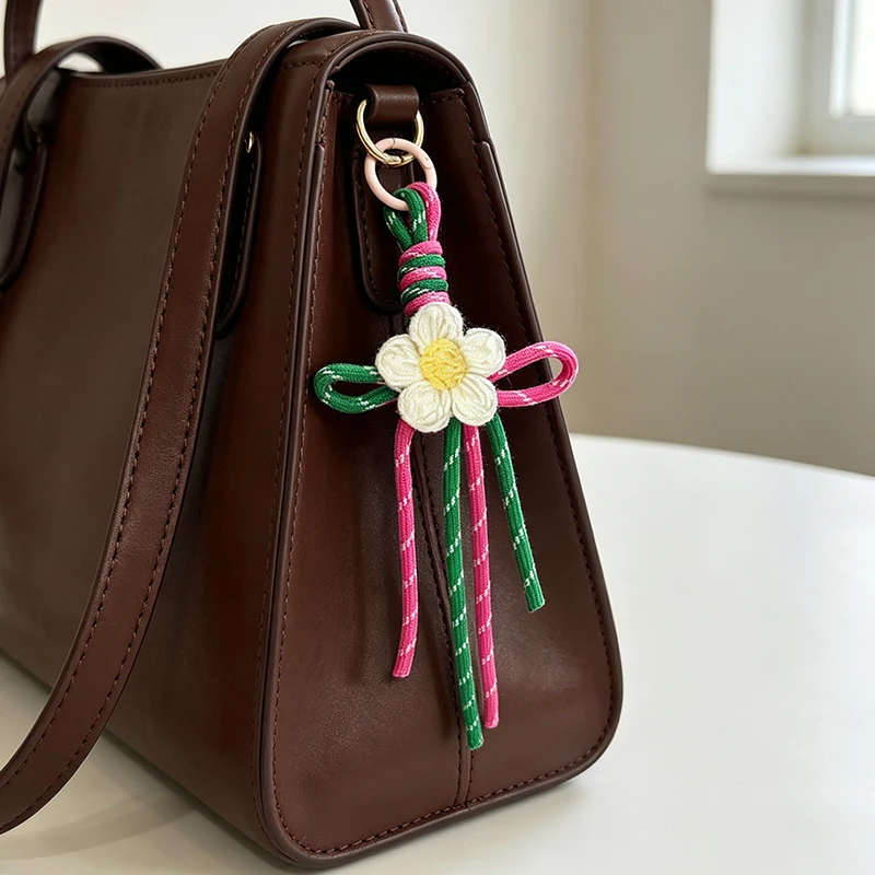 Crochet Flower Bag Pendants Handmade Braided Rope Keychain Keyring For Handbag Hanging Dec Charms Jewelry Gift