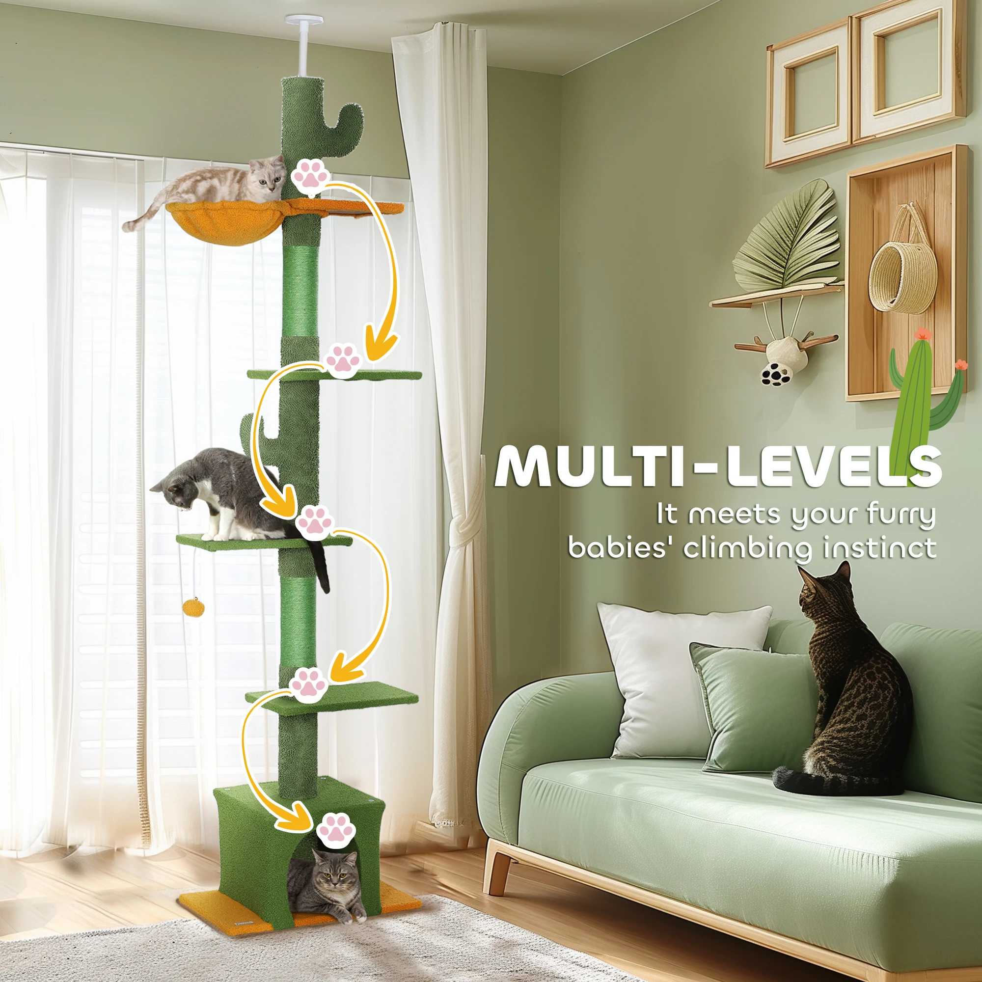 PawHut Floor to Ceiling Cat Tree, 230-275cm Height Adjustable, 6-Level with Scratching Posts Ball, Green