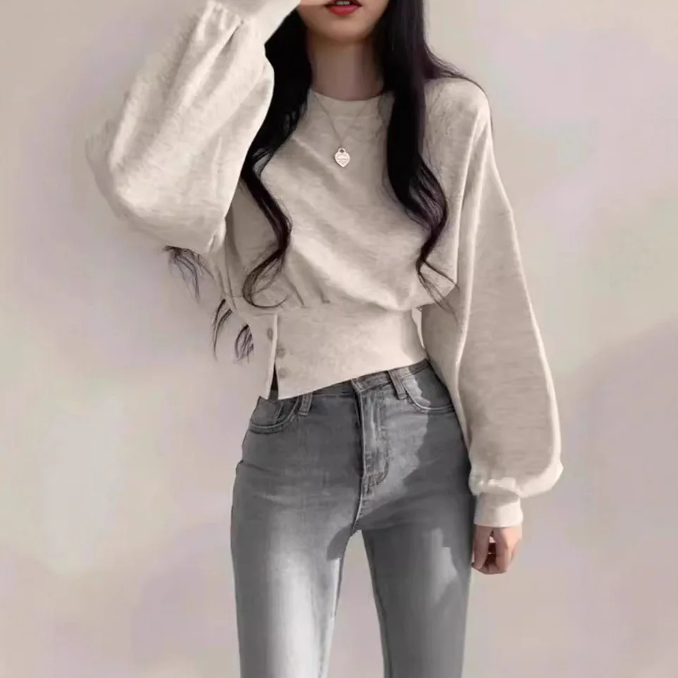 Autumn Round Neck Buckle Waist Slimming Long Sleeved Short Sleeved Pullover Hoodie Top for Women