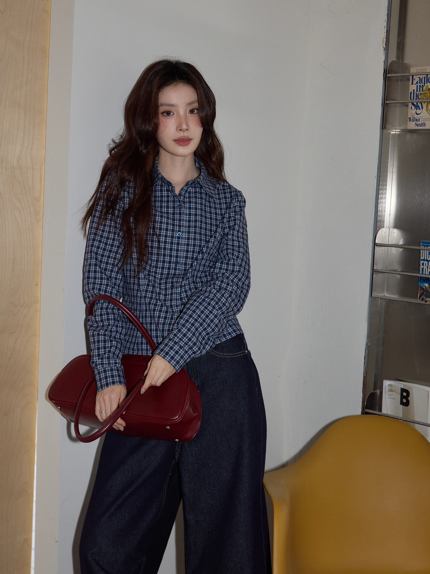 

Blue Plaid Collar Casual Long Sve irt Women's ort Sle Autumn Faion Slim Fit Button up Cotton Top