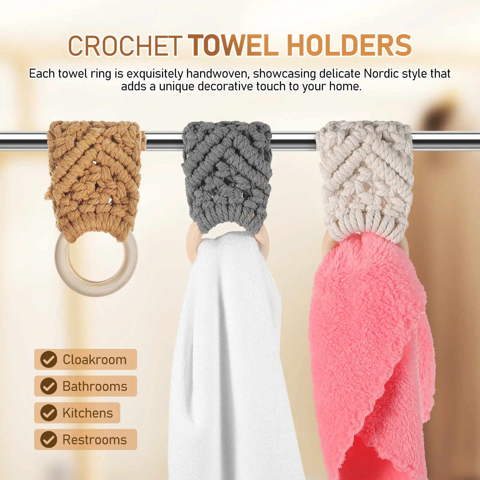 3Pcs Handmade Crochet Towel Holder Rings Boho Nordic Style Kitchen Bathroom Dish Towel Holder Loop Set Hanging Loops