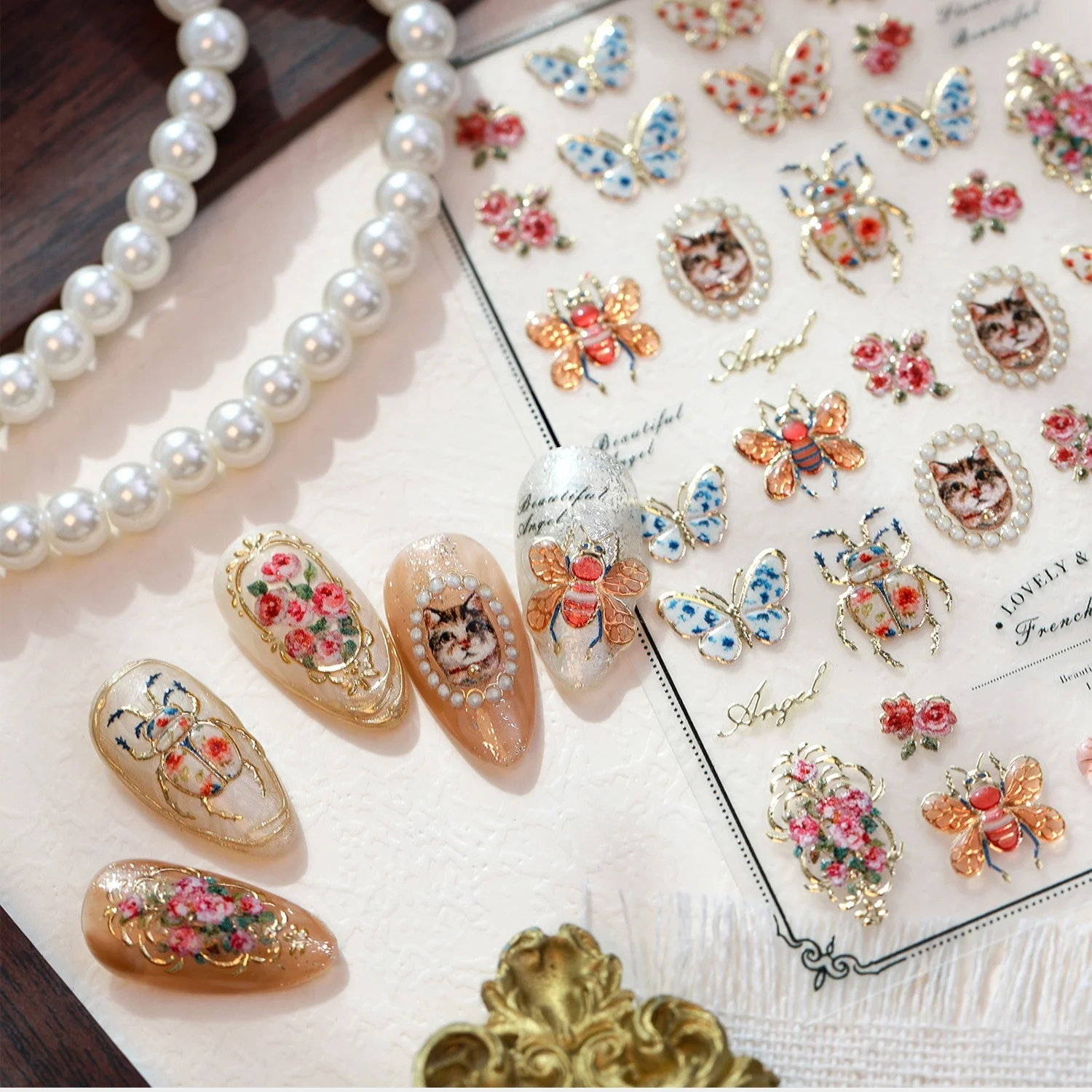 Retro French Oil Painting 5D Nail Stickers Cat Butterfly Ladybug Beetle Rose Flower Animal Frame  Self Adhesive Embossed Decal
