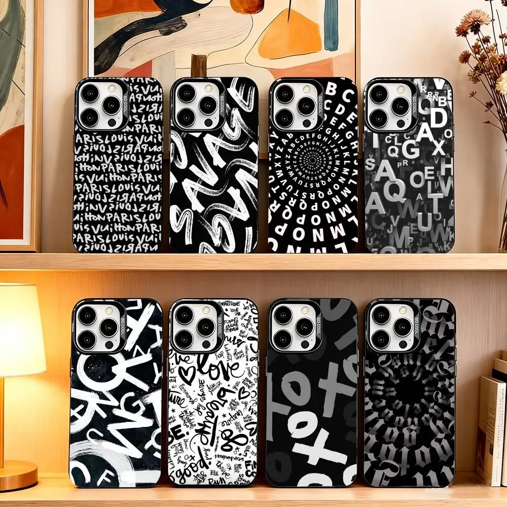 

Simple Letter Patterns Folds Texture Phone Case For iPhone 17,16,15,14,13,12,11 Plus,Pro Max,XS,Colorful Silver Black Cover