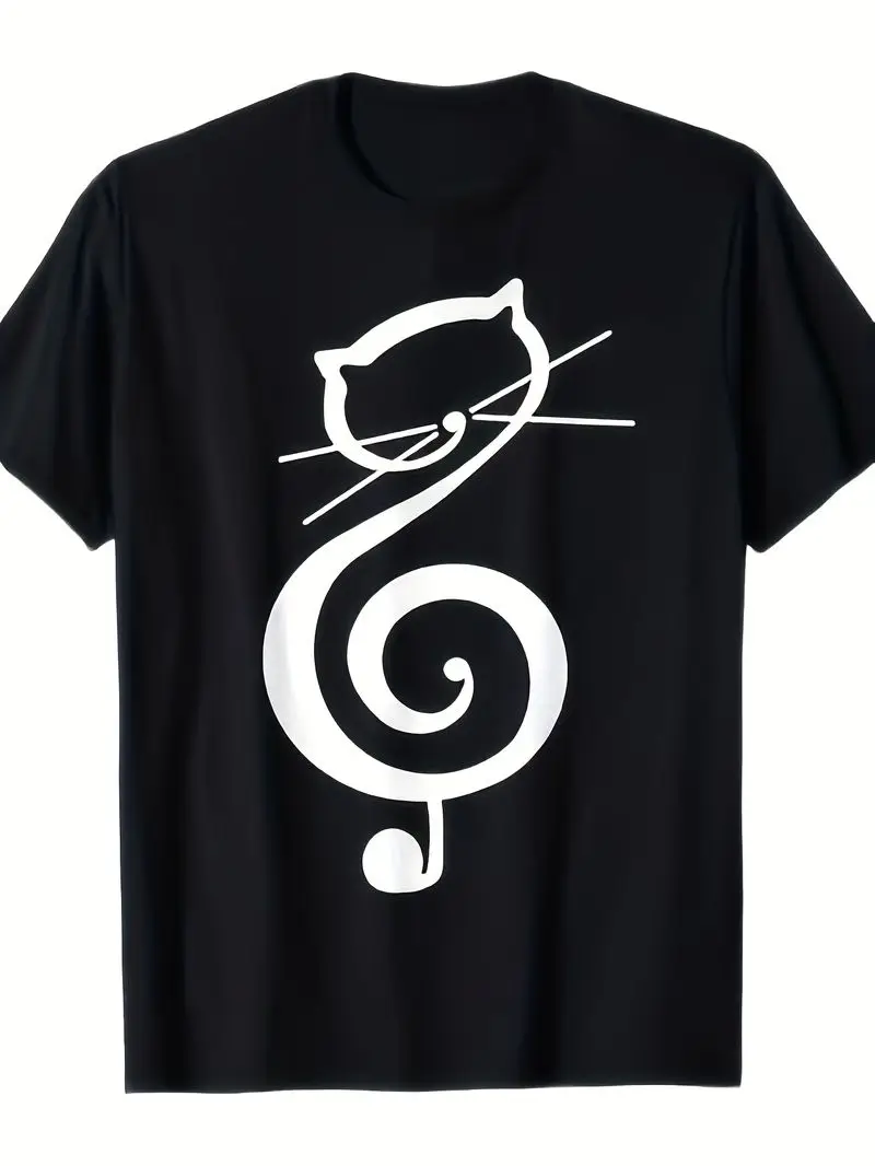Humorous Feline-Themed Music T-Shirt Black Shirt White Treble Clef Cat Design Relaxed Fit For Men And Women Year-Round Casual