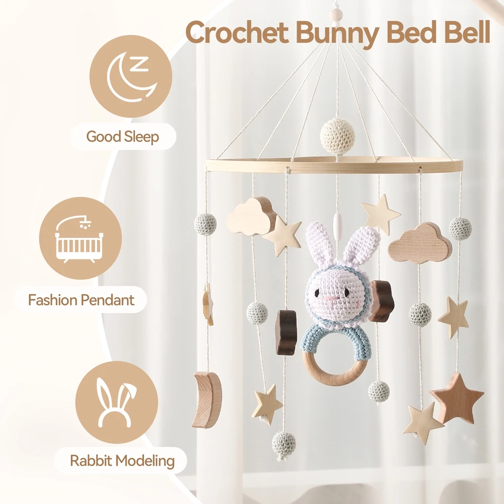 Baby Crib Mobile Wooden Rattle Toy Bed Bell Mobile Hanging Bell Toy Cartoon Candy Bunny Newborn Music Box Crib Mobile Bracket