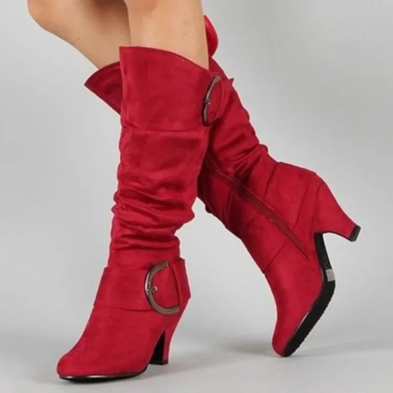 Long Boots for Women Knee-High Metal Decoration Flock 6CM Square High Heels Punk Mature Elegant Shoes for Women Wine Red