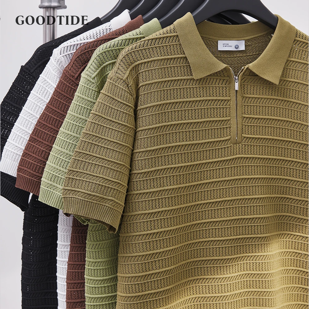 

Men's Retro POLO Shirt Summer Fashion Knitted Solid Color Lapel Short Sleeve T-shirt Business Casual Loose Half Sleeve Top Men