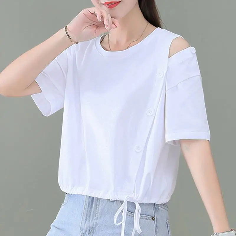 Women's O-Neck Short Sleeve T-Shirt, Loose Tops, Casual, Elegant, Monochromatic, All-match, Fashion Clothes, Temperament, Summer