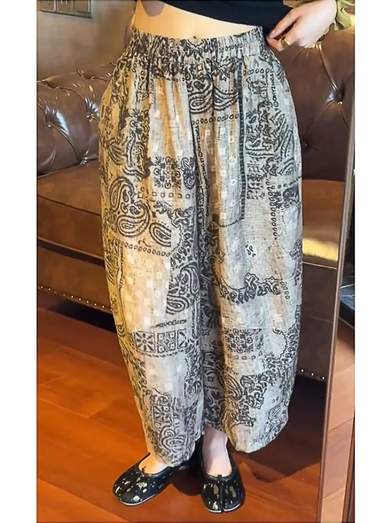 2025 ฤดูร้อนใหม่ Retro พิมพ์กางเกงบางผู้หญิงเอวสูงสบายๆกางเกงอเนกประสงค์แฟชั่นหลวมกางเกงขากว้าง