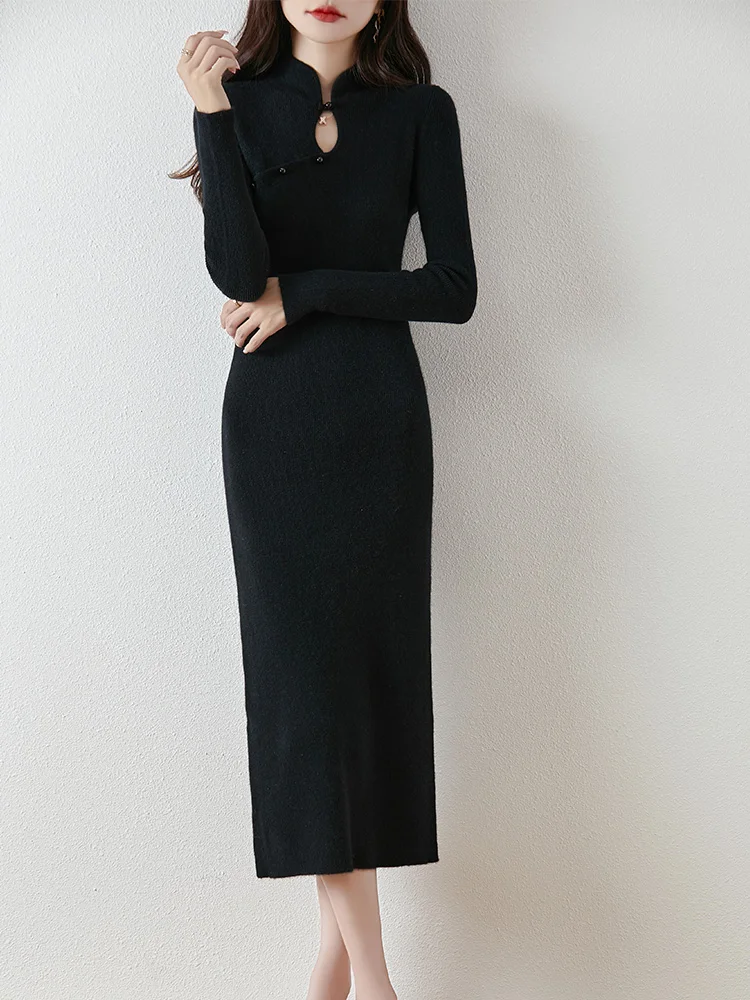 Chinesischen Stil Wolle Kleid Frauen Pullover Pullover 100% Merino Wolle Strickwaren Schlank Elegante Retro Röcke Herbst Winter Weiche Kaschmir