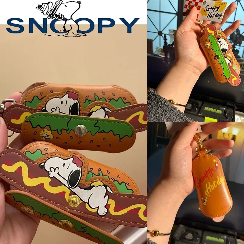 Snoopy Cartoon Cute Hot Dog Shape Key Set PU Leather Car Key Access Card Pendant Boy Girl Toys Birthday Halloween Gifts