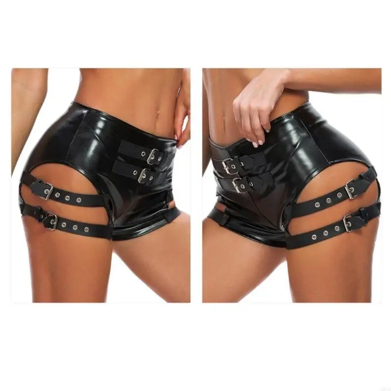 Womens Goth Faux Leather Shorts Side Hollowed Out with Buckled Belt Sexy Bodycon Mini Hot Pant Nightclub Partywear