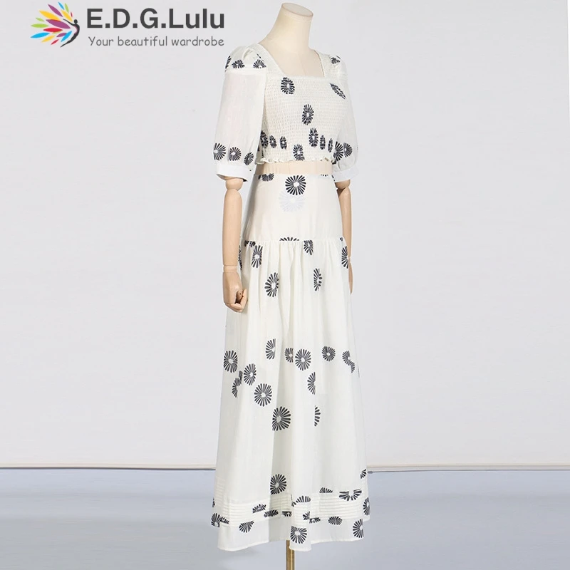 EDGLuLu Beach Vacation Square Collar Short Sleeved Top +High Waisted Long Skirt Printed Suit Women' S Clothes 2 Piece Sets 0630