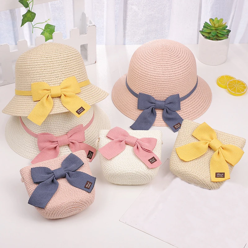 Women Girls Hat Summer Sun Protection Bucket Hat Straw Floppy Bow Tie For Girl Baby Mom Parent-Child Cap Crossbody Bag Wholesale