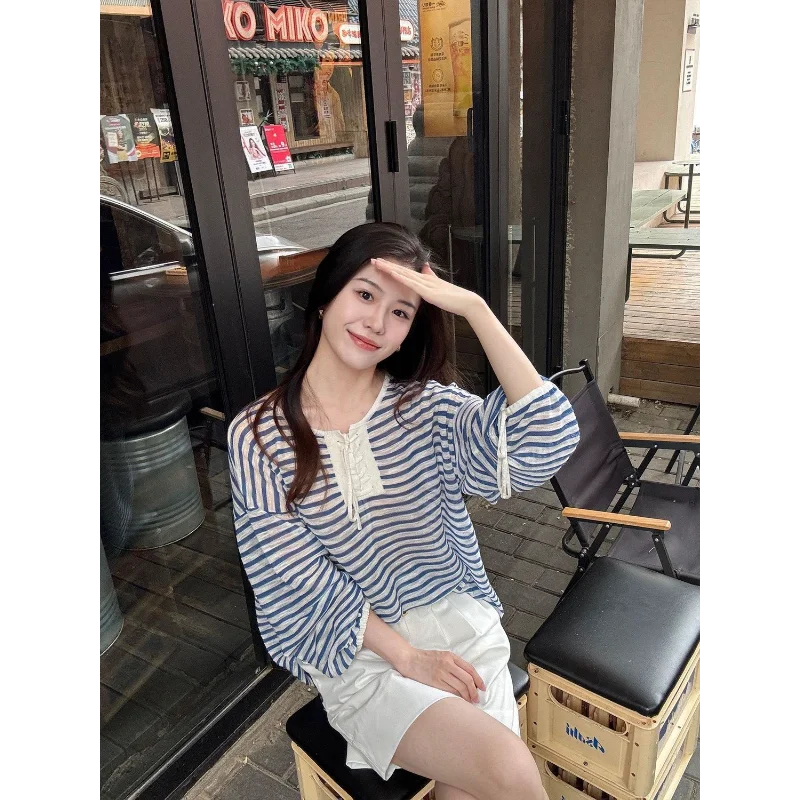 Women French Striped Long Sleeve T Shirt Loose Casual Sun Protection Cover Up Blouse Autumn view 5