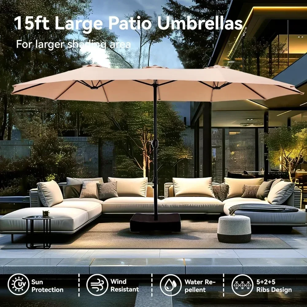 15 Foot Large Terrace Umbrella, Outdoor Double-sided Rectangular Umbrella with Base and Crank, Suitable for Gardens, Beige Color