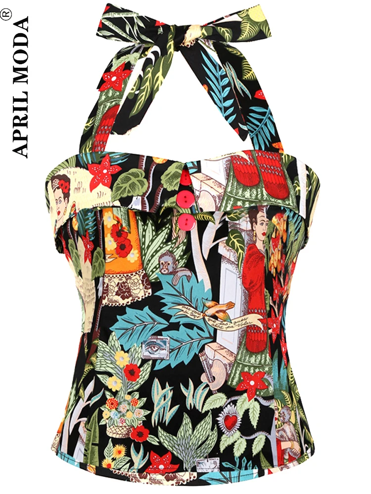 2024 Women Shirts Retro Vintage 50s 60s Floral Printed Sleeveless Halter Slim Blouses Fashion Ladies Rockabilly Pin Up Tops