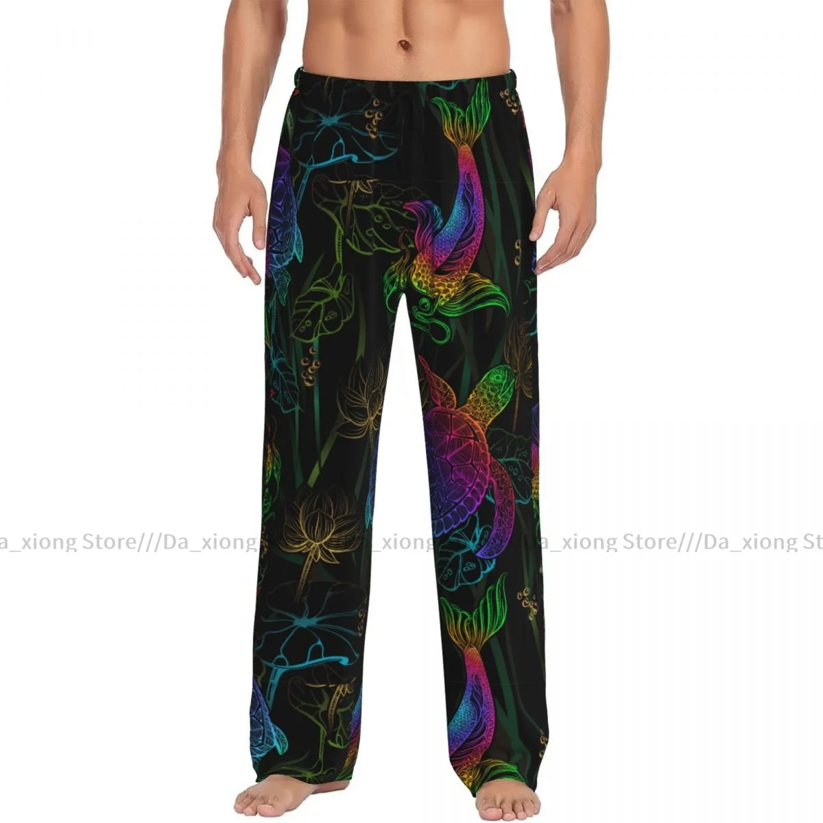 Mens Casual Pajama Long Pant Loose Elastic Waistband Colorful Koi Carps Lotus And Sea Turtle Cozy Sleepwear Home Lounge Pants