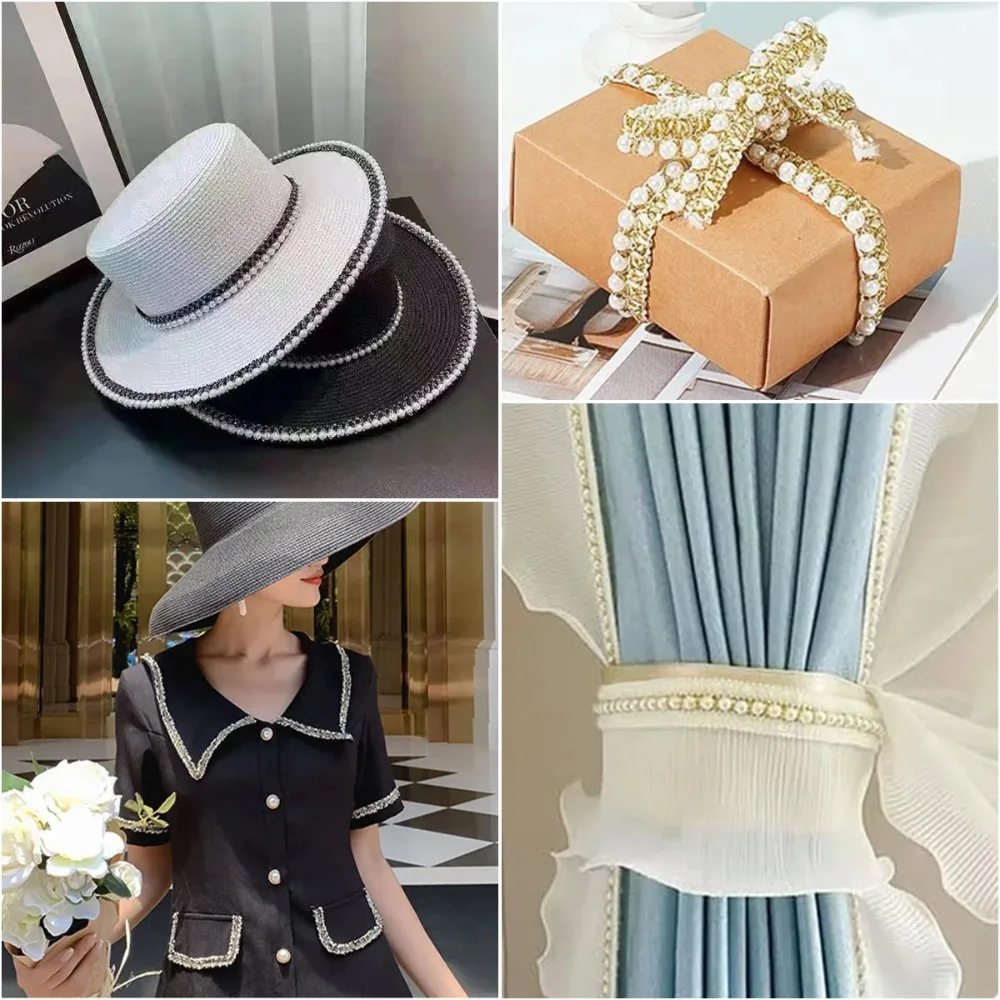 2 Yard DIY Sewing Pearl Bead Lace Ribbon Solid Color Dress Skirt Sewing Wrapping Gift Ribbons Handmade Trim Tape Ribbon Cloth