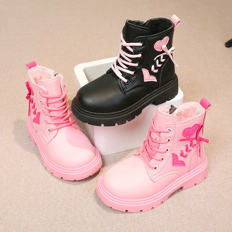 Girls Leather Boots Kids Fashion Rubber Boots Cool Soft Sole Pink with Love Side Zip Children Princess Boots Round-toe 2024 New