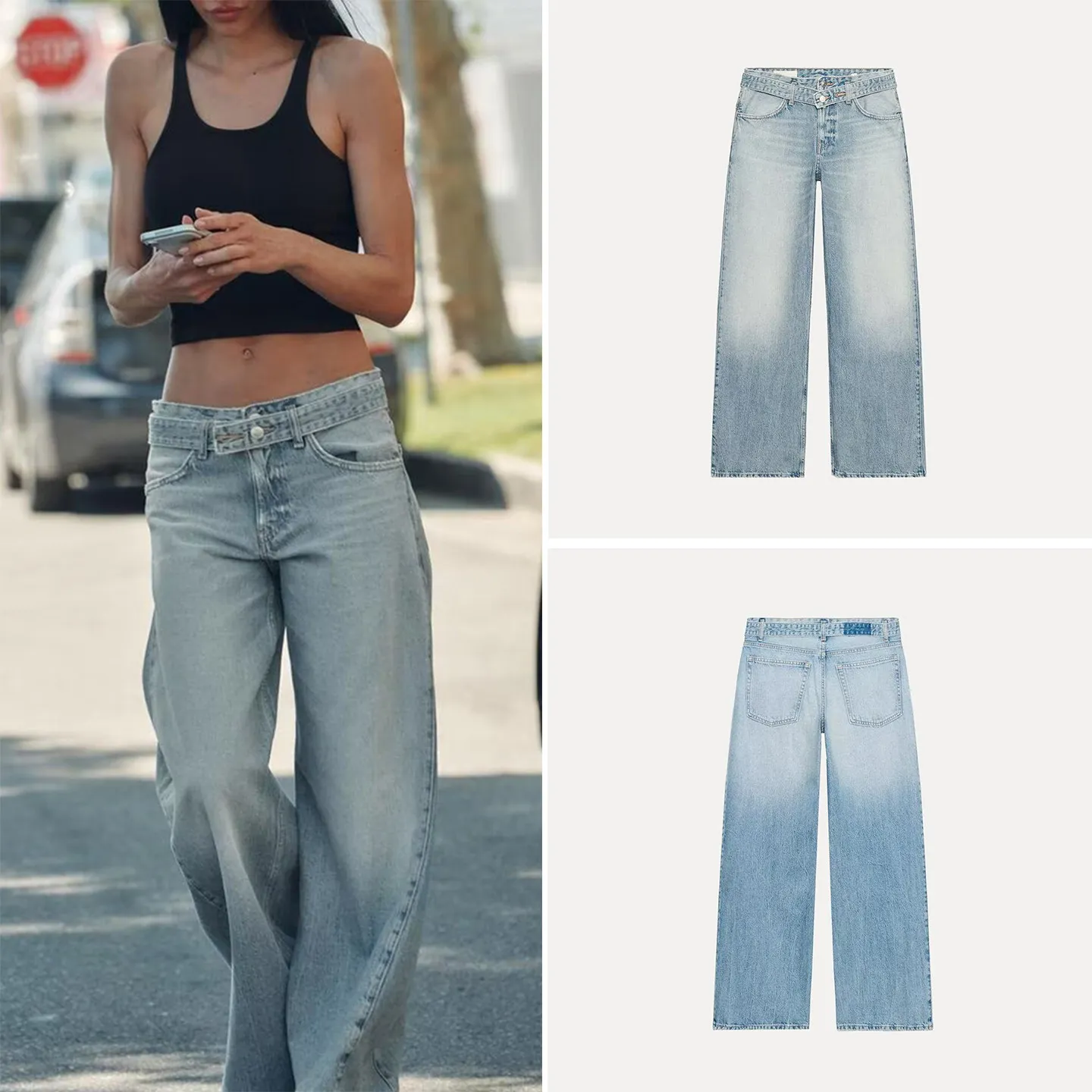 

Fashionable Casual Denim Jeans Women's Spring 2026 Belt Decorated Personality Straight Leg Stretchy Natural Waist Denim Pants
